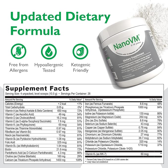 9-18 Years, Allergen-Free Kids Multivitamin, Unflavored Powdered Vitamins, Multivitamin Powder with 13 Vitamins & 13 Minerals, Low-Carbohydrate Vitamin Supplements, 275g - Solace Nutrition