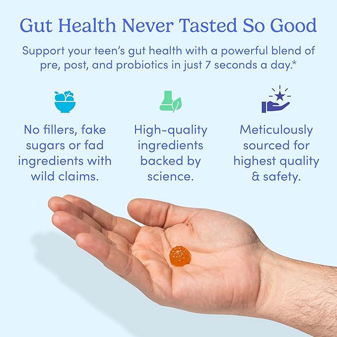FIRST DAY Vitamins for Teens 3-in-1 Probiotic Gummies - Prebiotic + Probiotic + Postbiotic for Teens Girls & Boys 12-17 – Skin Health, Digestive & Oral Health, Immunity, Energy – 30-Day Supply