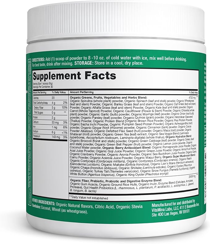 Zena Nutrition Organic Super Greens Powder, 70+ Superfoods, 0 Sugar, 3G Fiber, Spirulina, Chlorella, Antioxidants, Prebiotics/Probiotics, Digestive Enzymes, Mango, 30 Servings