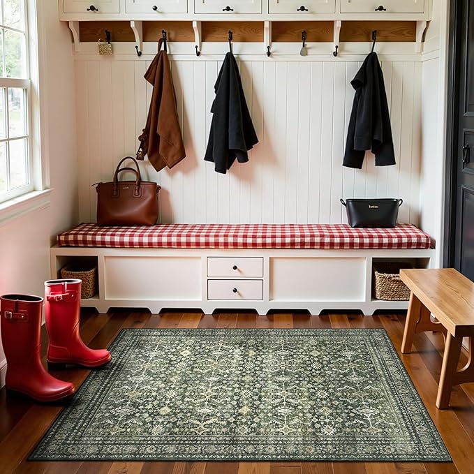 Lofus 4x6 Area Rug for Entryway, Green Non Slip Area Rugs for Kitchen, Washablee Soft Rugs for Bedroom, Living Room, Tool Room Nursery Kids Room Decor