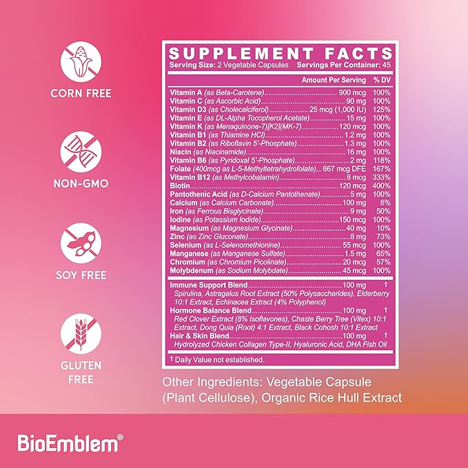 BioEmblem Women's Triple Magnesium Complex and Multivitamin fro Cardiovascular Health and Nutritional Needs