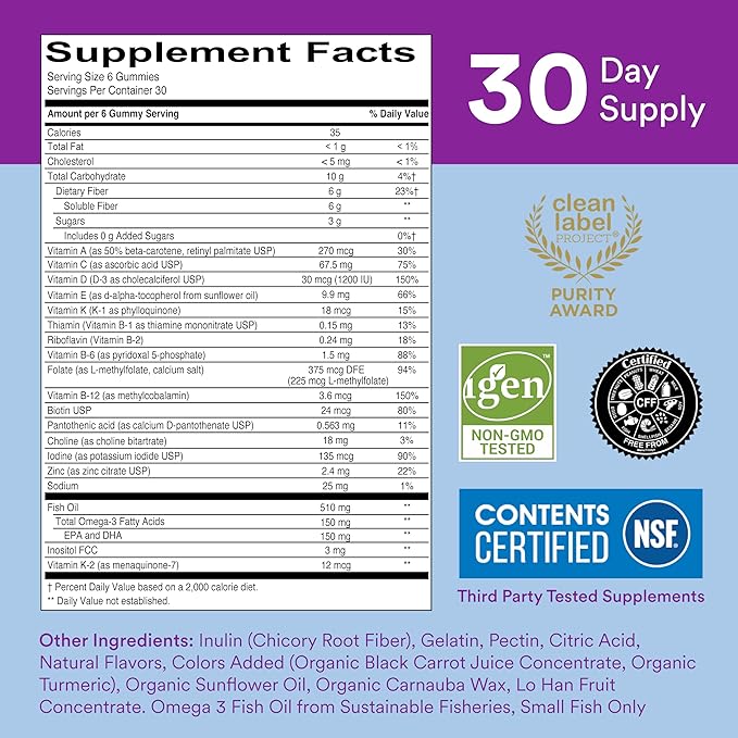 SmartyPants Fiber Supplement & Multivitamin for Men & Women: Multivitamin Fiber Gummies with Vitamin D3, C, Vitamin B12, B6, A, K & Zinc, Omega 3 Fish Oil (EPA/DHA), Biotin, 180 Count (30 Day Supply)