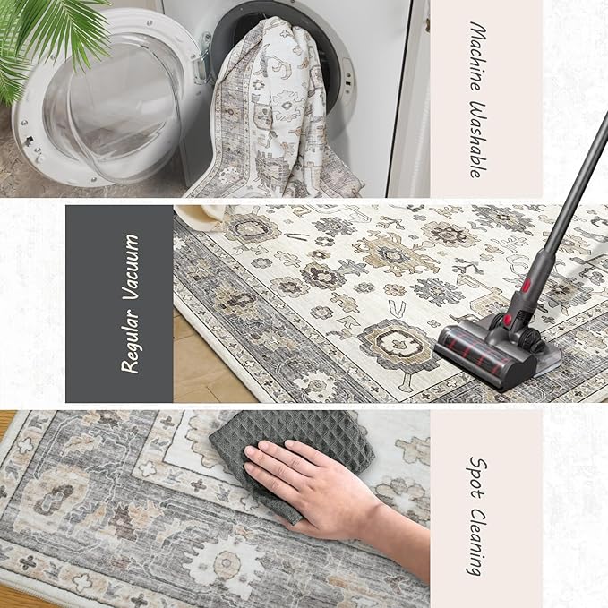 8x10 Washable Vintage Area Rug - Bedroom, Dining Room and Home Office - Distressed Oriental Reto Indoor Floor Carpet Rug(Cream Grey, 8x10)