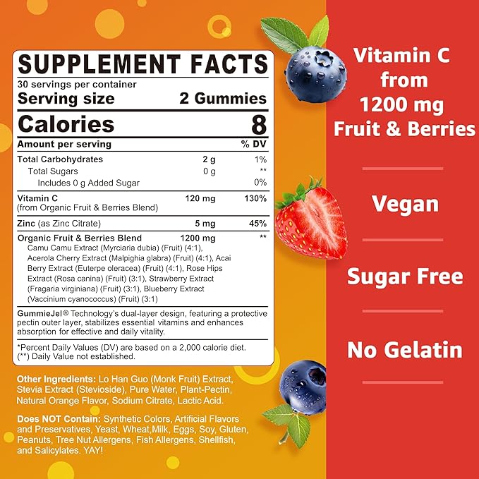 Organic Vitamin C Gummies 120mg for Adults, Sugar Free, Daily Immune Defense, Raw Antioxidant, 100% Whole Food Chewable Vitamin C Supplement from 1200mg Berries & Fruits for Collagen, Vegan, 60 Counts