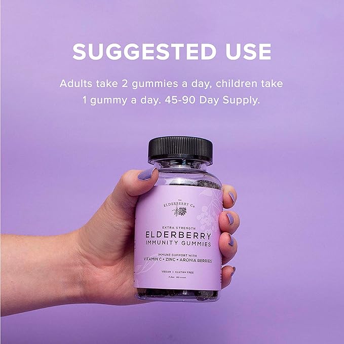 The Elderberry Co. Extra Strength Elderberry Gummies + Aronia Berries with Vitamins C, D,E and Zinc for All-Natural Immune Support, No Artificial Ingredients (60 Count)