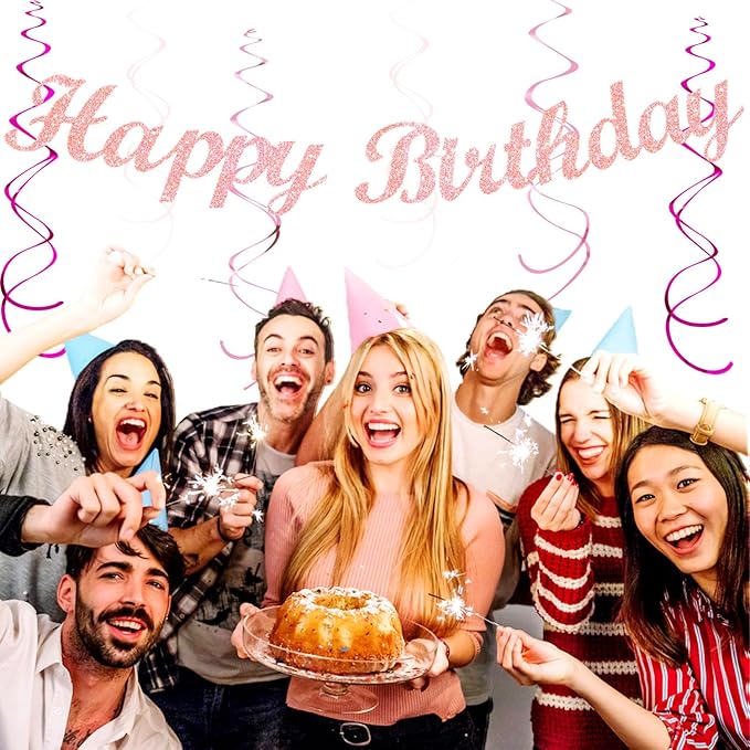 Light Hot Pink Birthday Party-Decorations - 21pcs Girl Happy Banner,Paper Lanterns Honeycomb,Tissue Pom Poms Flower Fan,Hanging Streamers Garland,18th 21st 30th Women Birthday Decor Supplies Huglony