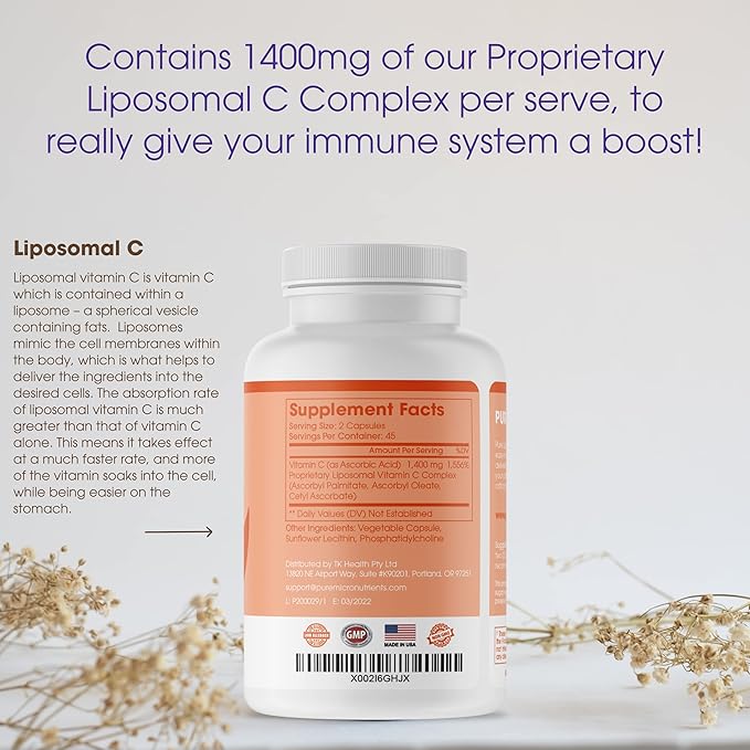 Pure Micronutrients Pure Liposomal Vitamin C - 1400mg Per Serve Supplement - 90 Capsules - High Absorption VIT C Ascorbic Acid Pills