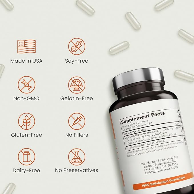 EARTHEN supplements Liposomal Vitamin C | Made with Organic Ingredients | 1400MG Per Serving | 180 Capsule - 90 Serving | Non GMO | Fat Soluble - High Absorption Antioxidant