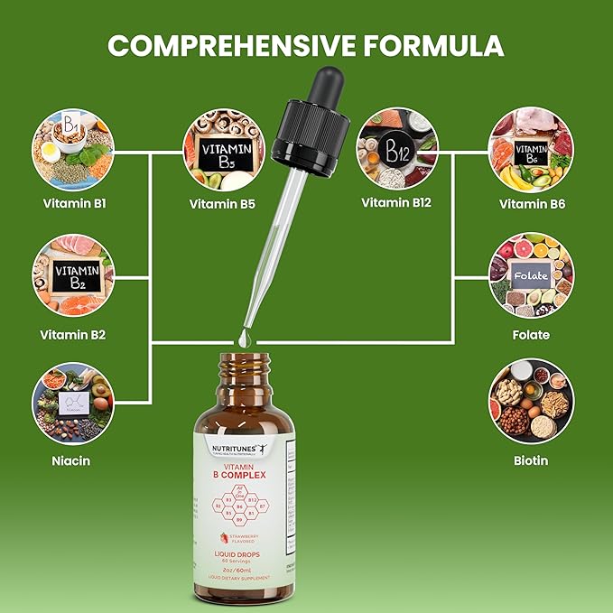 Liquid Vitamin B Complex–High-Potency and Complete B-Vitamin Drops for Energy, Metabolism, and Nervous System Support – Strawberry Flavored, Non-GMO, Sugar-Free – 60 Servings (2oz)