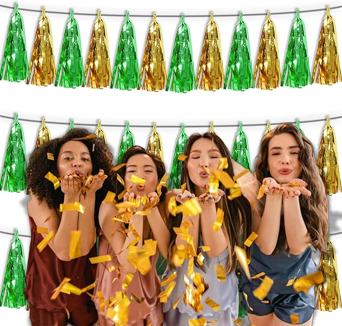 3P Sage-Green Gold Metallic Fringe Tassel Banner Garland Foil Tinsel Streamer Wall Hanging Curtain Backdrop Banners for Parade Floats, Graduation Decorations, Woodland Party Decoration