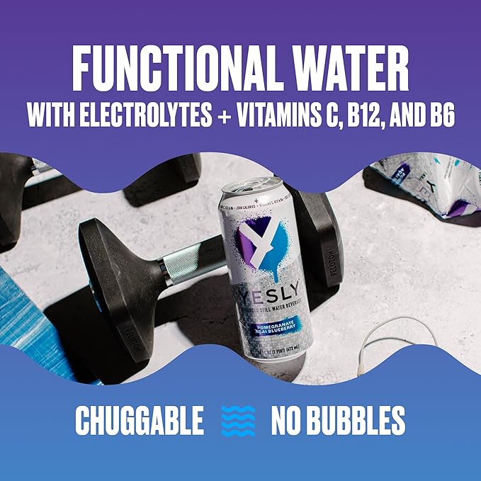 Yesly Functional Water, Pomegranate Acai Blueberry, Naturally Flavored Still Water with Electrolytes, Magnesium, Potassium, Vitamin C, B6 & B12, Zero Sugar, No Artificial Sweeteners, 16 Fl Oz Cans, 12 Pack