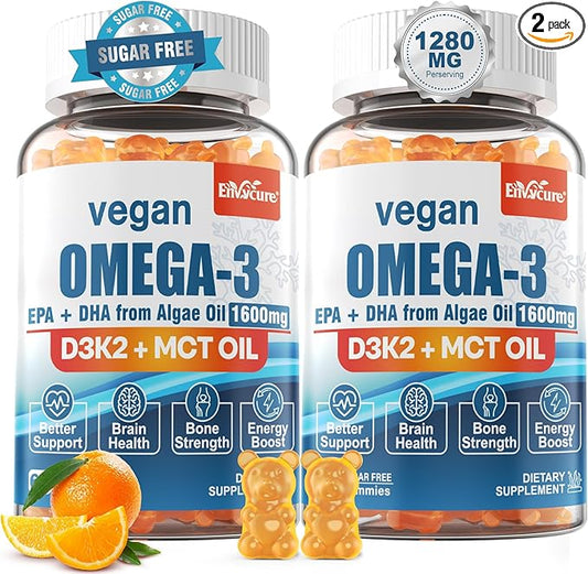 Vegan Omega 3 Gummies 1280mg + Vitamin D3 K2 (MK7), Omega 3 Fish Oil Alternative for Adults, w/Algae EPA 600mg & DHA 400mg, MCT Oil - No Fish Taste - for Brain, Eye, Immune Health, Sugar Free, 2 Pack