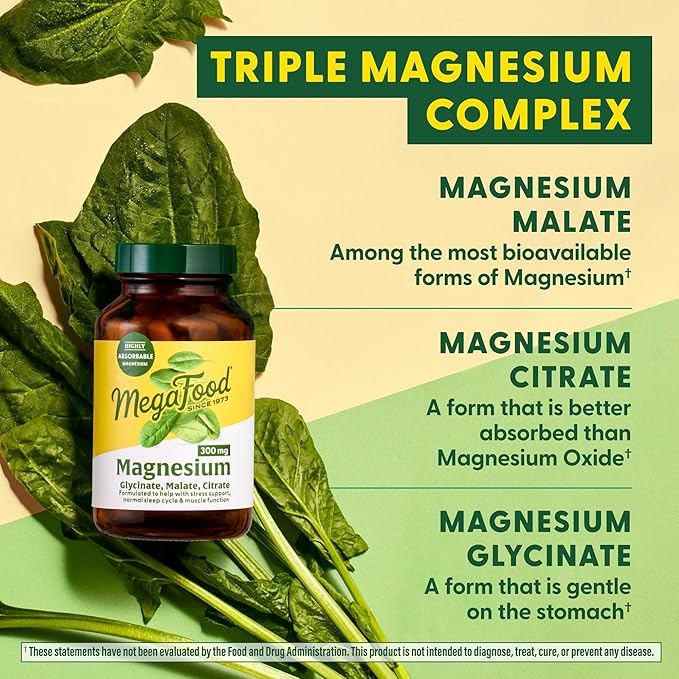 MegaFood Magnesium Glycinate, Citrate, Malate 300mg Supplement - Highly Absorbable Blend to Support Heart, Nerve Health & Relaxation, Triple Magnesium Complex Supplement, 60 Capsules (30 Servings)