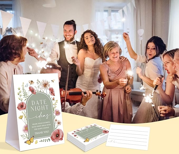 Sage Green Floral Themed Share Your Date Night Ideas Game, 1 Tabletop Sign and 50 Cards, Bridal Shower Games 50 Guests, Wedding Shower Games for Bachelorette Night Wedding Event & Party Supplies