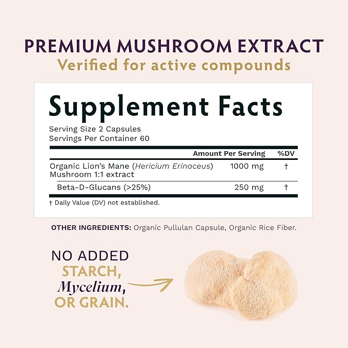 TRIBE ORGANICS Lion’s Mane Supplement 1000mg Mushroom Extract Powder - Immune System Booster & Brain Nootropic for Focus and Memory | Mental Clarity | Natural Energy and Immunity - 120 Vegan Capsules