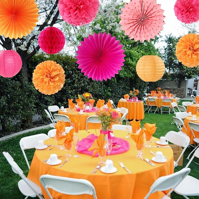 Pink-Orange Fall Party-Decorations Paper-Flowers Lanterns - 20PCS Autumn Wedding Birthday Tissue Pom Poms Streamers Fans Honeycomb, Groovy Boho Baby Shower Rustic Hanging Supplies Decor Burgleda