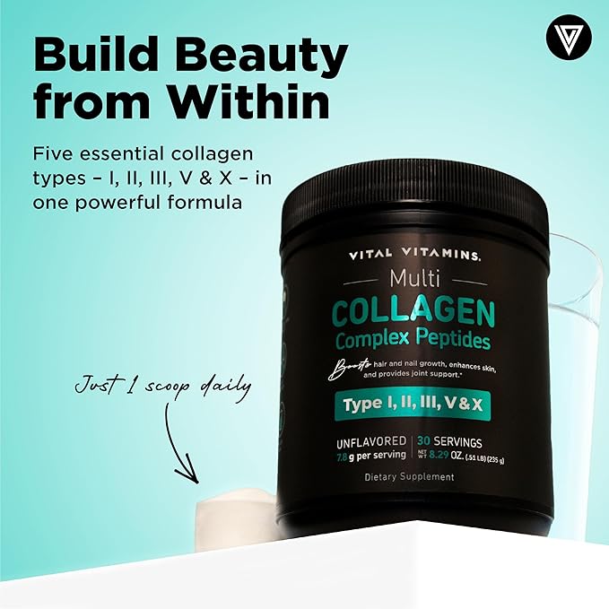 Vital Vitamins Multi Collagen Peptides Powder - Unflavored, Easy to Dissolve - Type I, II, III, V, X - for Women & Men - Promotes Hair, Skin, Nails, & Joint Health - 30 Servings