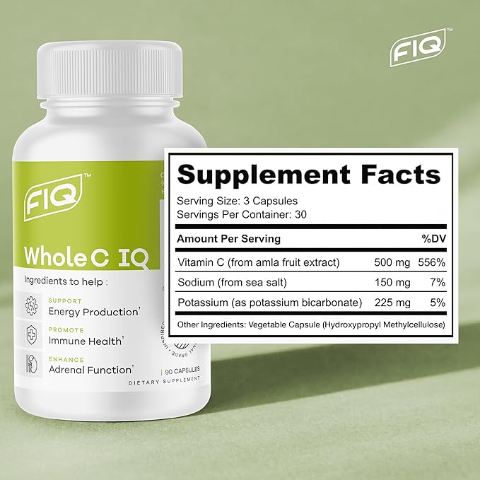 FIQ - Whole C IQ - Natural Vitamin C Supplements with Amla Fruit Extract - Iron, Energy, & Immune Support from Whole Food Sources - High Absorption Vitamin C Capsules - 90 Capsules