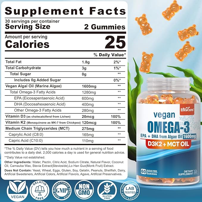 Vegan Omega 3 Gummies 1280mg + Vitamin D3 K2 (MK7), Omega 3 Fish Oil Alternative for Adults, w/Algae EPA 600mg & DHA 400mg, MCT Oil - No Fish Taste - for Brain, Eye, Immune Health, Sugar Free, 1 Pack