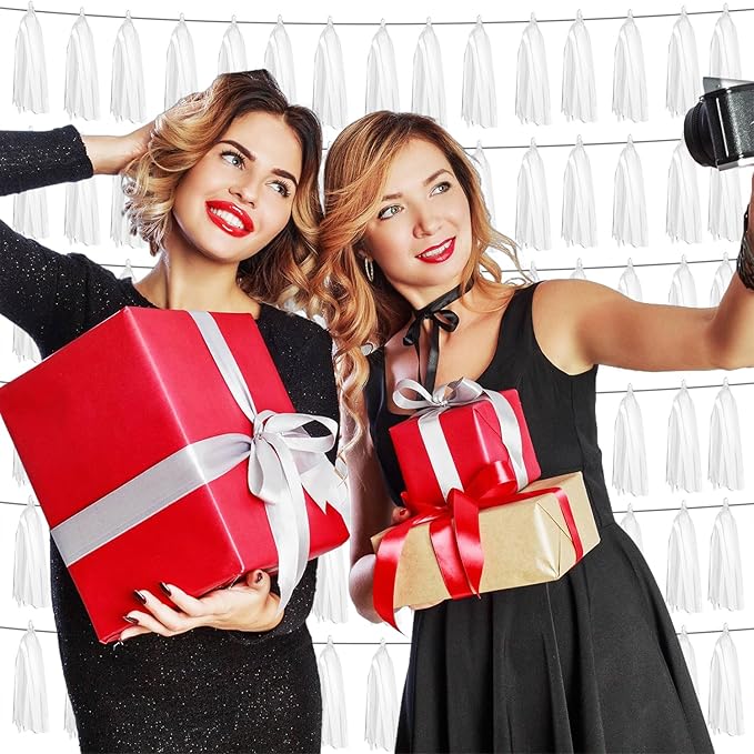 6P White Foil Fringe Metallic Tassel Streamers Banner Tassel Garland for Parade Floats, Graduation, Wedding, Birthday, Graduation, Christmas, Bridal/Baby Shower Party Decorations