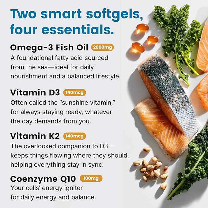 4-in-1 Fish Oil Omega 3 Fatty Supplements (2100mg) - Omega 3 Fish Oil with Vitamins D3 K2 and CoQ10 - Lemon Flavored (120 softgels, Pack of 3)