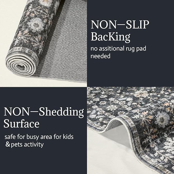 6x9 Washable Rug Vintage Fade Resistant Boho Distressed Non-Slip Indoor Large Carpet Low Pile Lightweight & High-Traffic Safe for Bedroom, Dorm, Playroom - Farmhouse Decor