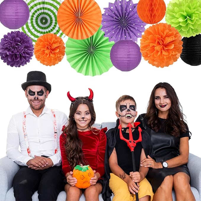 Black Purple Orange-Green Halloween Party-Decorations - 20pcs Paper Lanterns Fans,Tissue Pom Poms,Honeycomb Balls,Hotel Transylvania Hocus Pocus Birthday Baby Bridal Shower Wedding Decor Burgleda