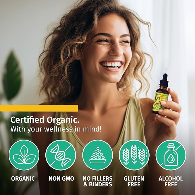 (4 Pack) Organic Vitamin D3 K2 Drops with MCT Oil Omega 3, Maximum Strength Vitamin D Liquid 5000 IU, No Fillers, Non-GMO Liquid D3 for Faster Absorption and Immune Support (Pineapple, 4 Fl Oz)