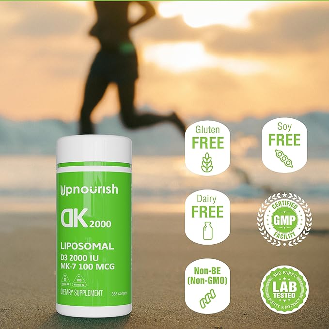 UpNourish Liposomal Vitamin D3 K2 2000 IU with K2 MK-7 100 mcg - 365 Vitamin D3 k2 (Vitamina D3 con K2) Mini Softgels with Organic Coconut Oil - Easy to Swallow K2 D3 Vitamin Supplement