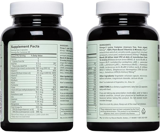 Vibrant Health, Trilogy Vegan, Probiotic Multivitamin with an Essential Blend of Omega-3 from Vegan Algal Oil, Vitamin A, B12, C, D3, E, Selenium, Magnesium & Zinc, 30 Servings
