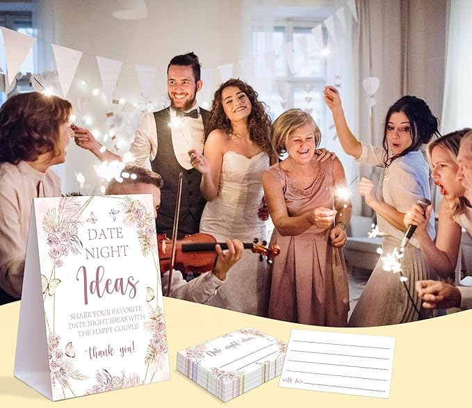 Boho Butterfly Themed Share Your Date Night Ideas Game, 1 Tabletop Sign and 50 Cards, Bridal Shower Games 50 Guests, Wedding Shower Games for Bachelorette Night Wedding Event & Party Supplies