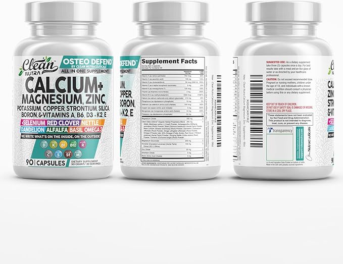 Allin1 Calcium Magnesium Zinc Supplement with Potassium, Copper, Strontium, Silica, Vitamin D3 K2, Boron, Vitamin B1 B12 Red Clover Herb Alfalfa Basil Pills for Men & Women Clean Nutra Osteo Defend