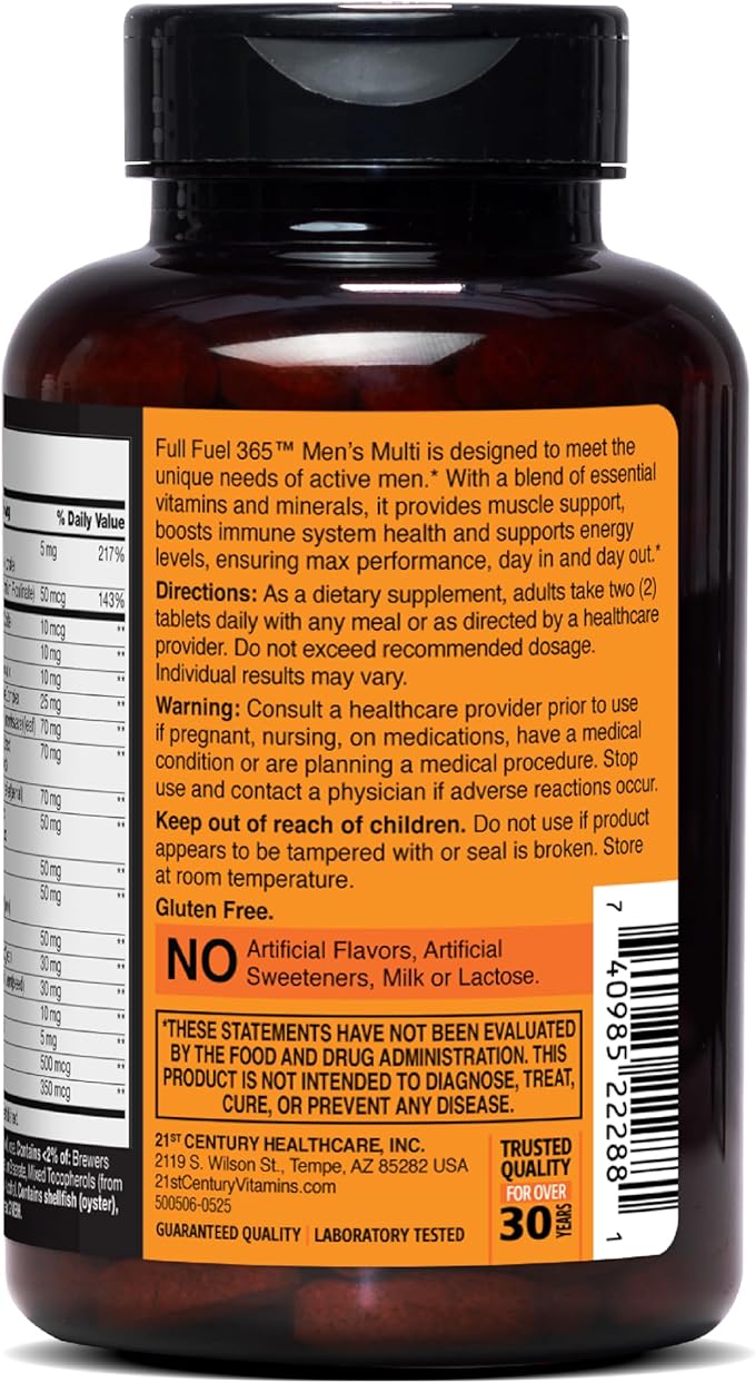 21st Century Full Fuel 365 Active Men’s Multivitamin, 120 Tablets, Daily Vitamins and Minerals for Energy, Muscle Support, Immune Health, No Gluten
