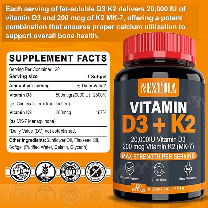 Vitamin D3 20,000 IU + K2(MK7) 200mcg-Optimal Vitamin D3 & K2-Support Strong Bones & Muscle, Calcium Absorption & Immune Health, Helping Vitamin D Deficiencies, Easy to Swallow, (Pack of 2)