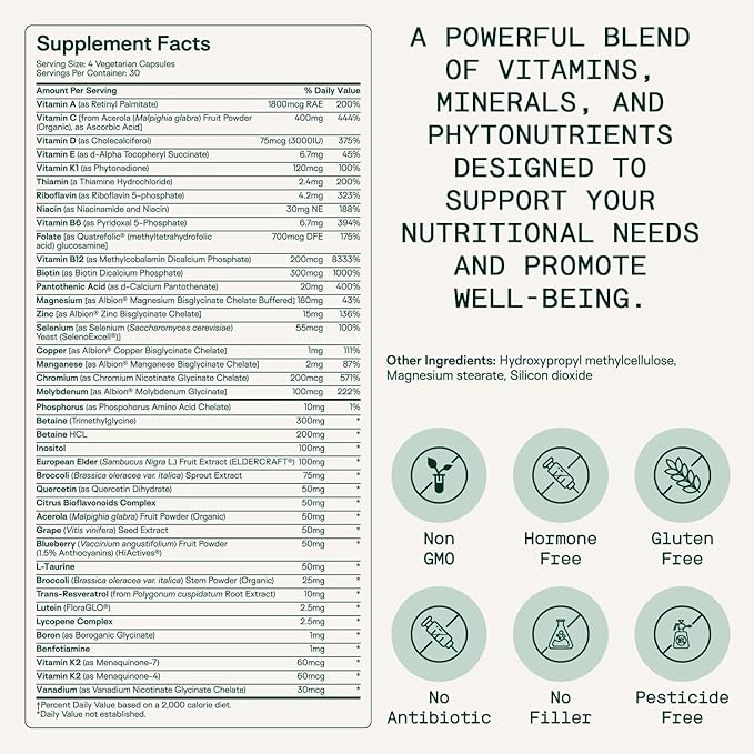 Adapt Naturals Multivitamin for Women & Men, Bioavailable Easy-to-Absorb Multivitamin Daily Supplement with Biotin, Niacin, Vitamin A, B, C, D, E, K1, Zinc, Magnesium - Immune Support - 30 Day Supply