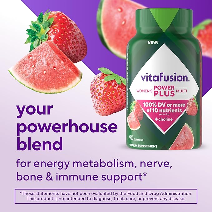 Vitafusion Power Plus Women’s Multivitamin Gummies, 100% Daily Value or More of 10 Nutrients, Helps Support Nerve, Energy Metabolism, Bone & Immune Health, Strawberry & Watermelon Flavor, 90 Count