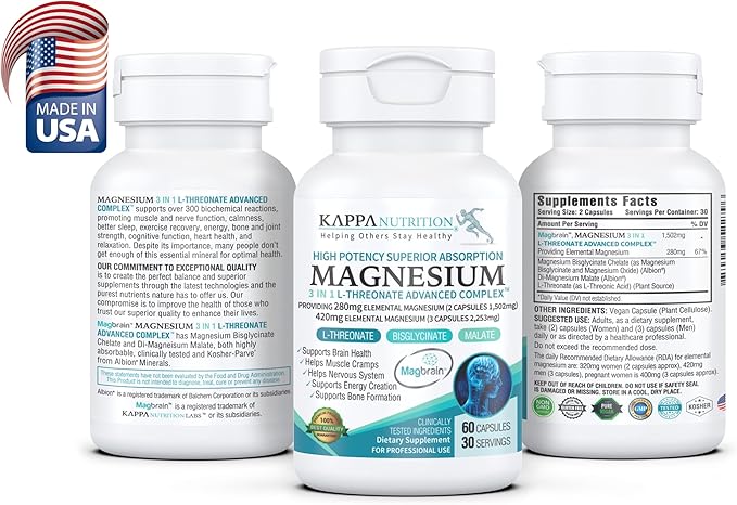 Kappa Nutrition Magbrain™ Magnesium L-Threonate Plant-Based, 420mg Elemental Magnesium (3 Capsules) from 2,253mg, 60 Vegan Capsules, Brain, Sleep & Muscle Support.