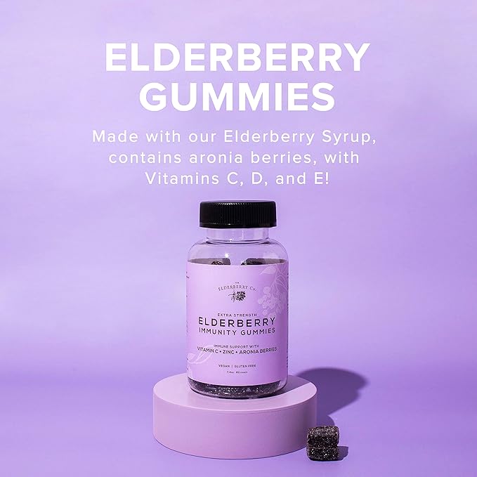 The Elderberry Co. Extra Strength Elderberry Gummies + Aronia Berries with Vitamins C, D,E and Zinc for All-Natural Immune Support, No Artificial Ingredients (60 Count)