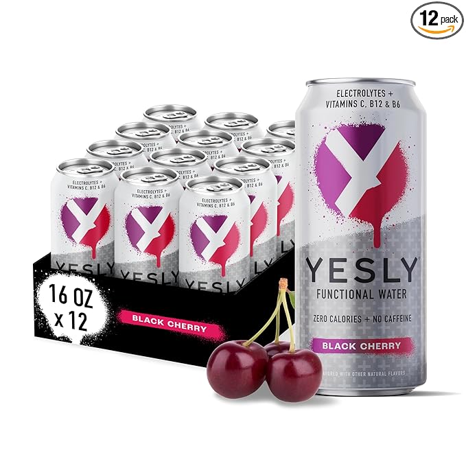 Yesly Functional Water, Black Cherry, Naturally Flavored Still Water with Electrolytes, Magnesium, Potassium, Vitamin C, B6 & B12, Zero Sugar, No Artificial Sweeteners, 16 Fl Oz Cans, 12 Pack