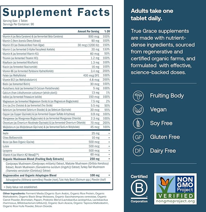 True Grace One Daily Men’s Multivitamin Fermented Minerals, Organic Adaptogens & Mushrooms Whole Body Balance Immune, Endurance, Bone & Heart Support - Non-GMO, Gluten Free - 90 Vegan Tablets