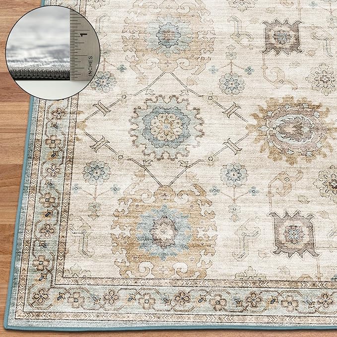 ReaLife Rugs Machine Washable Area Rug - Living Room Bedroom Bathroom Kitchen Entryway Office - Padded Low Pile Stain Resistant Premium - Boho Farmhouse Vintage - Bryn - Beige Seafoam 5' x 7'