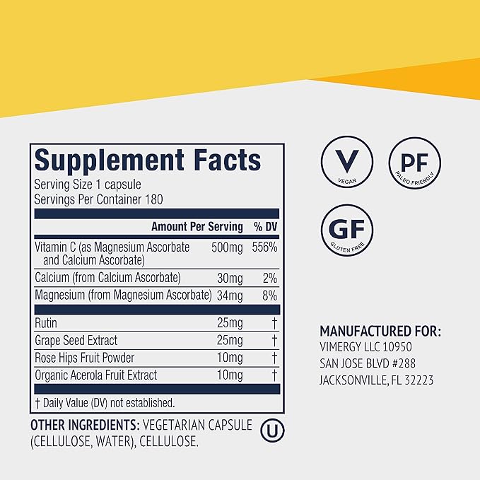 Vimergy Micro-C® Vitamin C Capsules – 500mg per Capsule, Supports Immune Health*, Promotes Collagen Production, Supports Healthy Bones*, Kosher, Vegan & Gluten-Free, Travel Size 90 Capsules