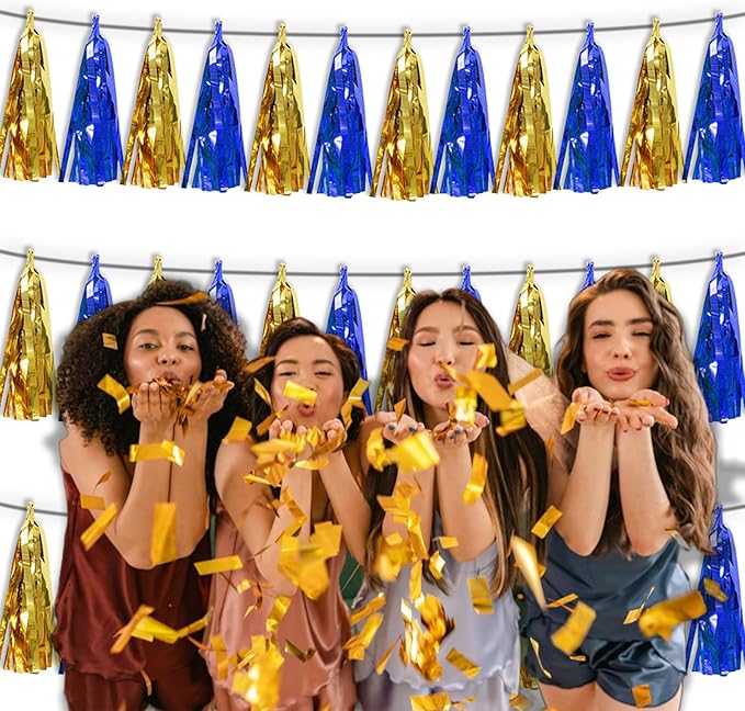 3PNavy-Blue Gold Metallic Fringe Tassel Banner Garland Foil Tinsel Streamer Wall Hanging Curtain Backdrop Banners for Parade Floats Birthday Graduation Christmas Bridal/Baby Shower Party Decorations