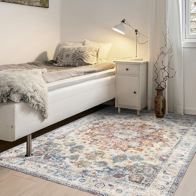 Area Rug 3×5, Vintage Boho Rug,Ultra-Soft Low Pile, Washable, Non Slip,Stain Resistant Printed Carpet for Living Room Bedrooms Playroom Office Kitchen, Blue/Red