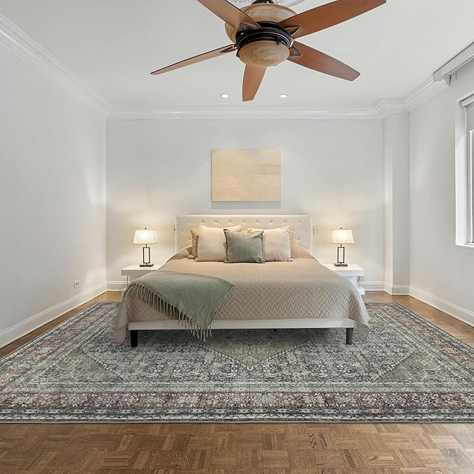 Area Rug 8×10, Large Vintage Boho Rug,Ultra-Soft Low Pile, Washable, Non Slip,Stain Resistant, Printed Carpet for Living Room Bedrooms Playroom Office Kitchen, Rust/Green