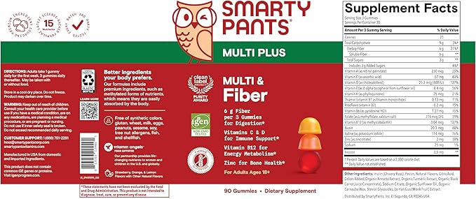 SmartyPants Fiber Supplement & Multivitamin for Men & Women - Improved Formula: Prebiotic Fiber Gummies with Omega 3 (DHA/EPA), Vitamin D3, C, Vitamin B12, B6, A, K & Zinc, 90 Count (30 Day Supply)