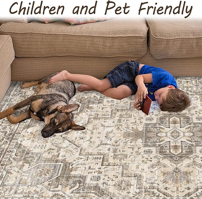 Area Rug Machine Washable Rug 10'x13' - Vintage Design Large Area Rugs with Non Slip Rugs for Living Room Bedroom,Stain Resistant, Home Decor Office Area Rug (Beige Brown 10'x13')