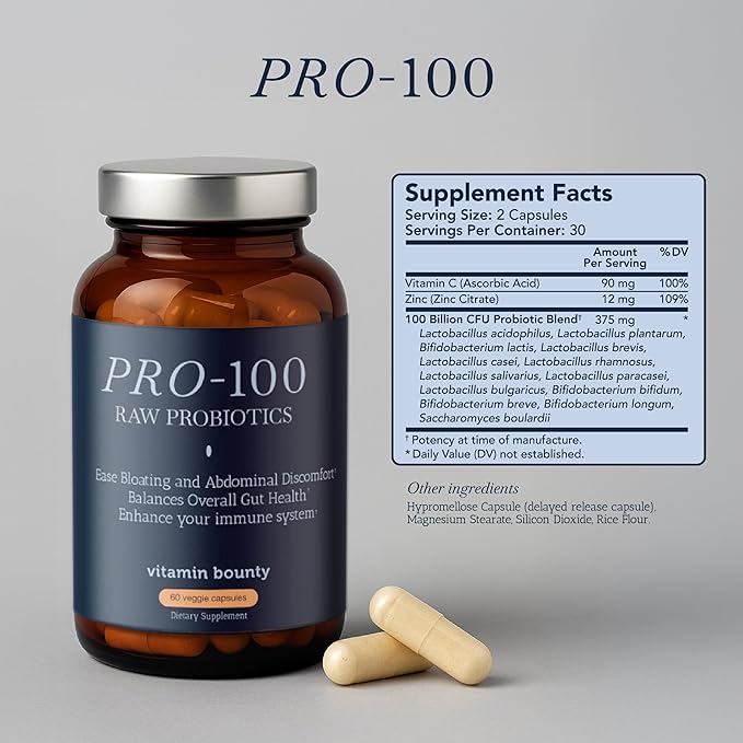 Vitamin Bounty Pro-100 Probiotic 100 Billion CFU - 13 Strains for Digestive Health & Immune Support - High Potency Probiotics for Women & Men - Delayed Release Capsules for Gut Health - 60 Count