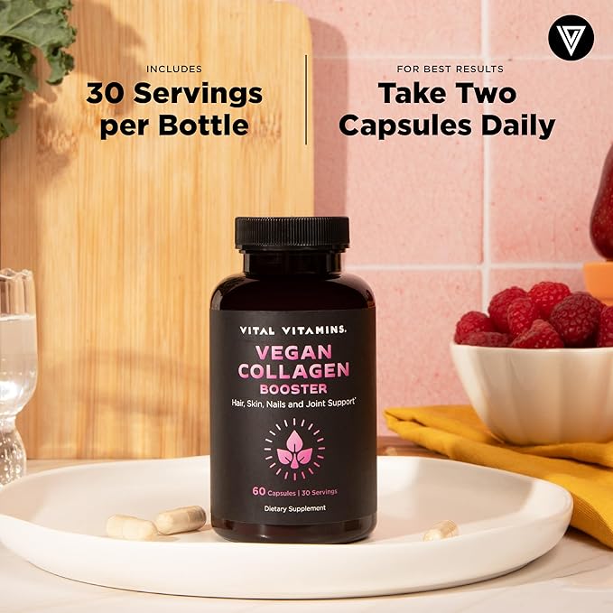 Vital Vitamins Vegan Collagen Booster - with Silica and Hyaluronic Acid - Plant-Based Collagen Supplements - Supports Hair, Skin, Nails & Joints - 60 Capsules