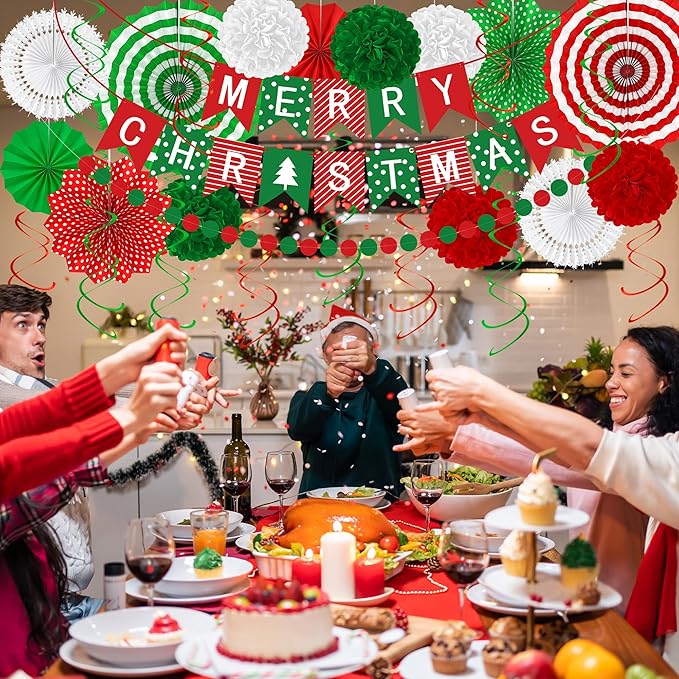 28PCS Christmas Decorations, Christmas Banner Paper Fans Set, Red White Green Pompom Garland Paper Fans Hanging Swirls for Xmas Party Decorations Accessories Indoor Supplies Decor Ugly Sweater Set